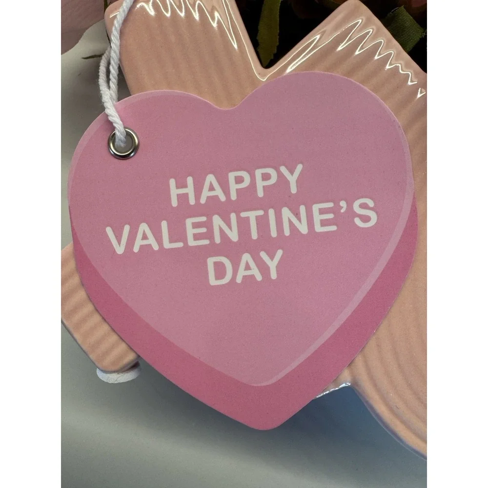Valentine's XO Ceramic Vase with artificial pink roses